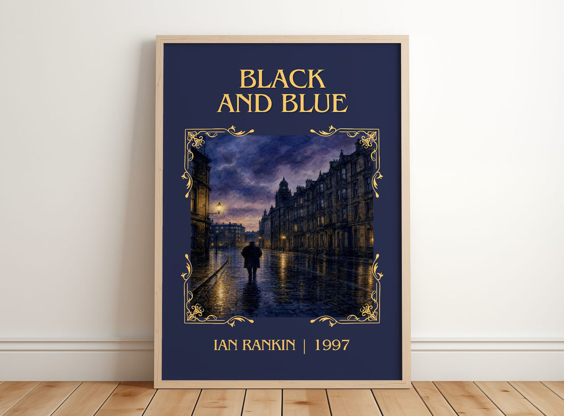 Black and Blue Classic Book Art Print by Ian Rankin – framed print leaning on a wooden floor