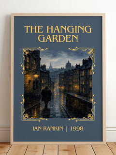 The Hanging Garden Classic Book Art Print by Ian Rankin – framed print leaning on a wooden floor