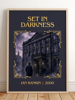 Set in Darkness Classic Book Art Print by Ian Rankin – framed print leaning on a wooden floor
