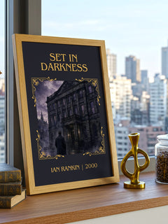 Set in Darkness Classic Book Art Print by Ian Rankin – framed print on a city-view windowsill