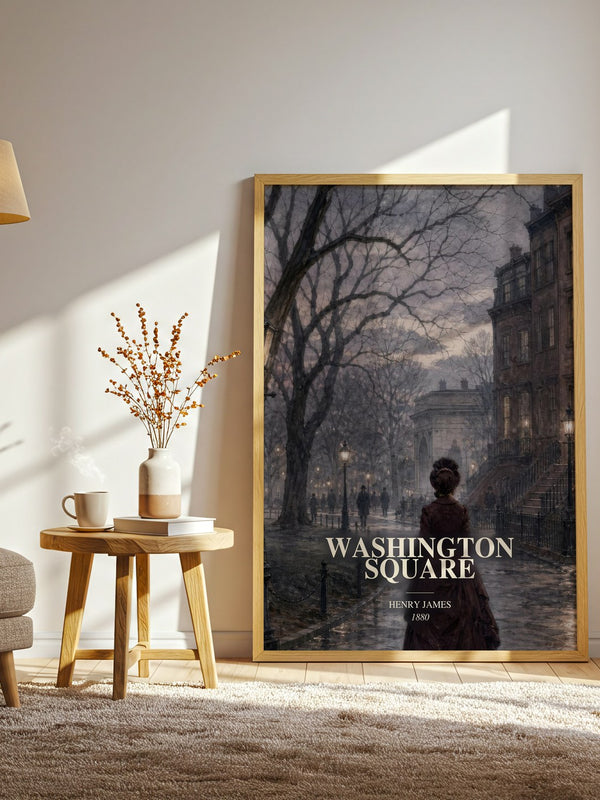 Washington Square watercolour print in frame leaning in hallway – classic literature wall art
