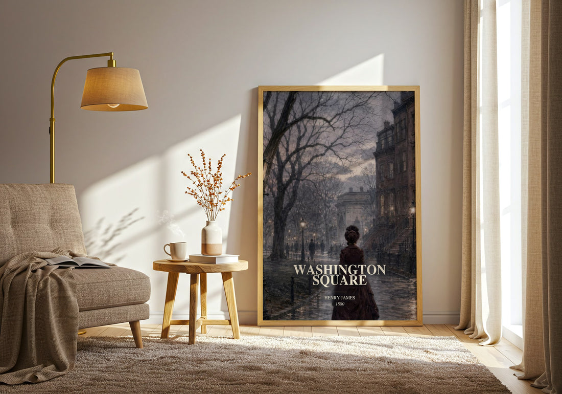 Washington Square watercolour print in frame leaning in hallway – classic literature wall art (mockup)