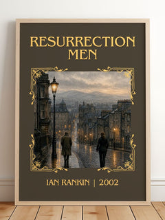 Resurrection Men Classic Book Art Print by Ian Rankin – framed print leaning on a wooden floor
