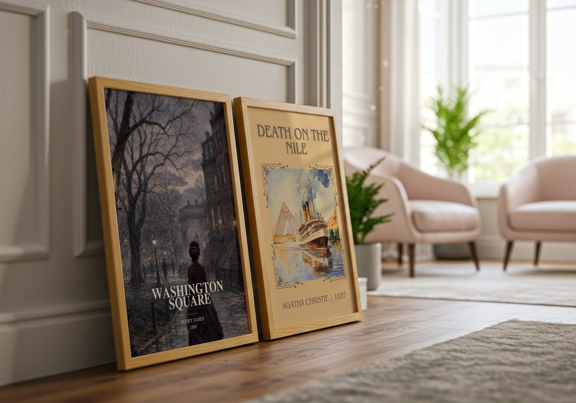 Washington Square watercolour print framed by window – literary home decor