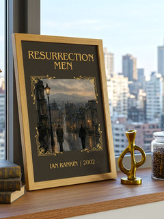 Resurrection Men Classic Book Art Print by Ian Rankin – framed print on a city-view windowsill