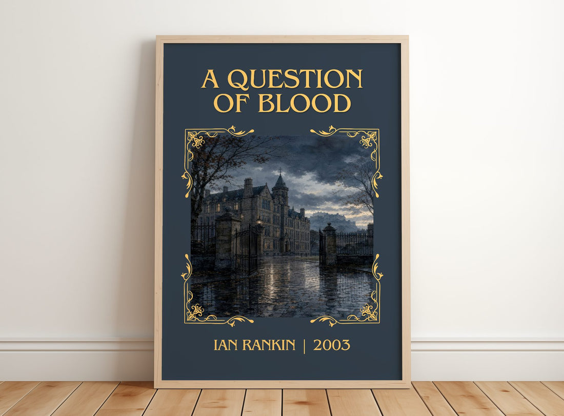 A Question of Blood Classic Book Art Print by Ian Rankin – framed print leaning on a wooden floor