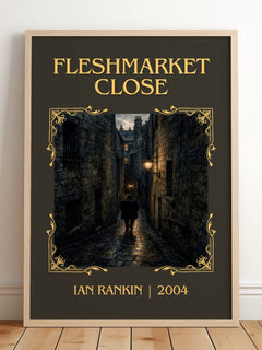 Fleshmarket Close Classic Book Art Print by Ian Rankin – framed print leaning on a wooden floor