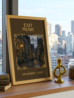 Exit Music Classic Book Art Print by Ian Rankin – framed print on a city-view windowsill