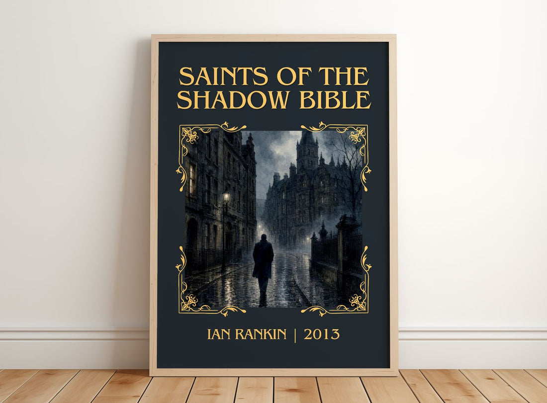 Saints of the Shadow Bible Classic Book Art Print by Ian Rankin – framed print leaning on a wooden floor