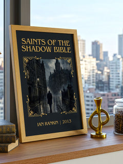 Saints of the Shadow Bible Classic Book Art Print by Ian Rankin – framed print on a city-view windowsill