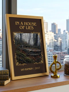 In a House of Lies Classic Book Art Print by Ian Rankin – framed print on a city-view windowsill