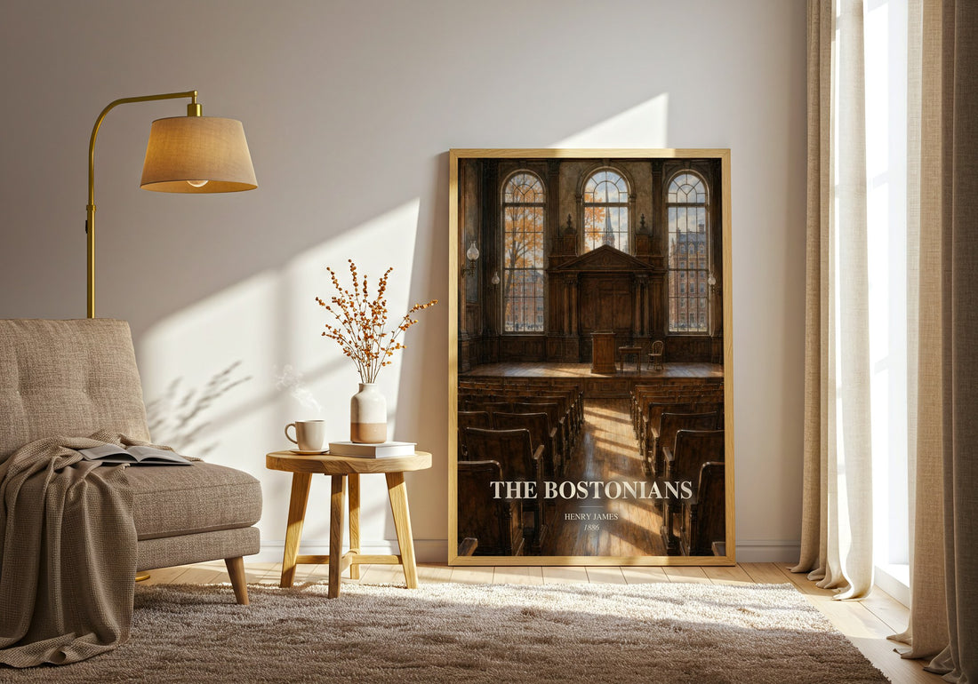 The Bostonians watercolour print in frame leaning in hallway – classic literature wall art (mockup)
