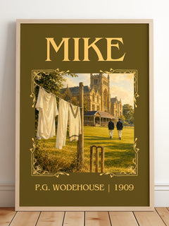 Mike Classic Book Art Print by P.G. Wodehouse – framed print leaning on a wooden floor