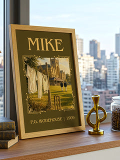 Mike Classic Book Art Print by P.G. Wodehouse – framed print on a city-view windowsill