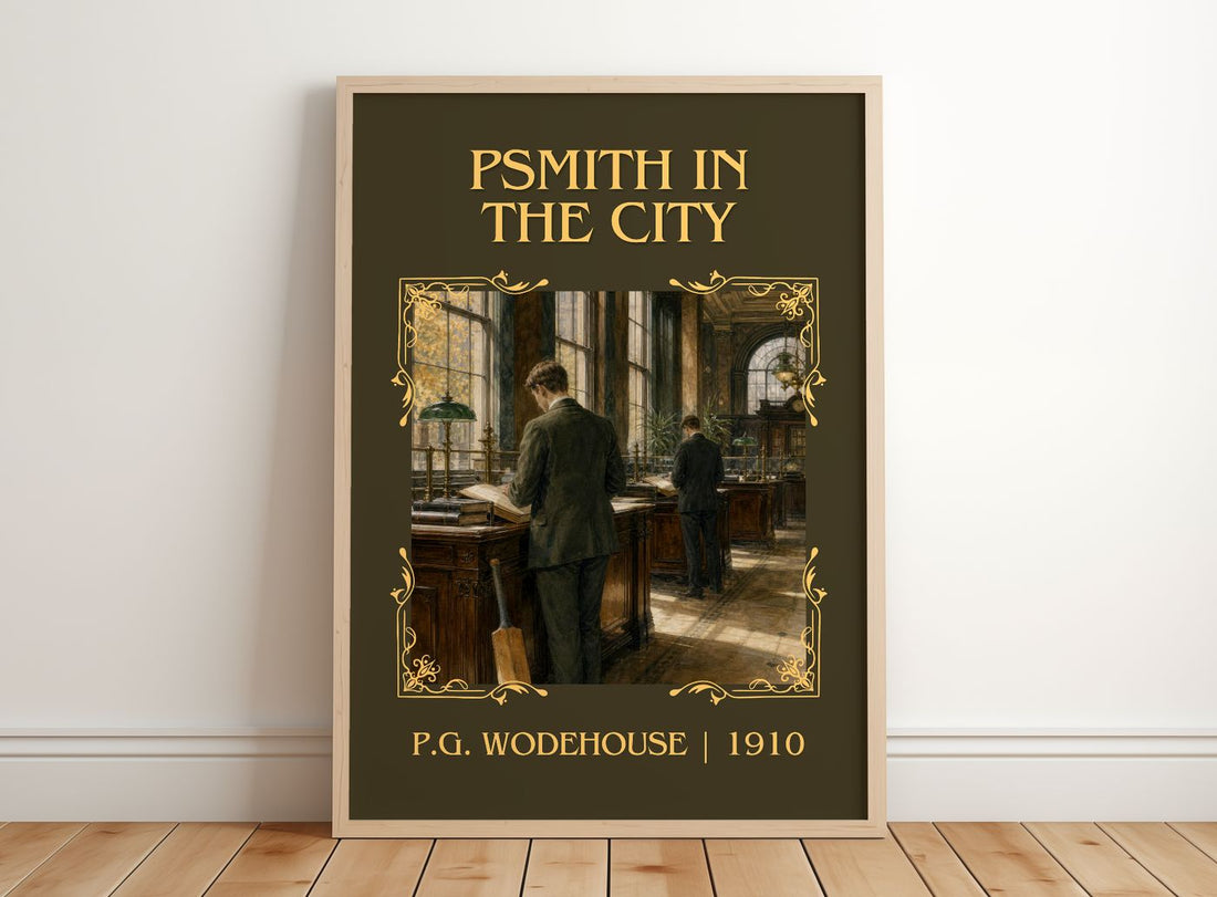 Psmith in the City Classic Book Art Print by P.G. Wodehouse – framed print leaning on a wooden floor