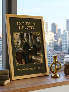 Psmith in the City Classic Book Art Print by P.G. Wodehouse – framed print on a city-view windowsill
