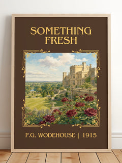 Something Fresh Classic Book Art Print by P.G. Wodehouse – framed print leaning on a wooden floor