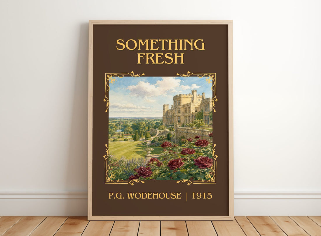 Something Fresh Classic Book Art Print by P.G. Wodehouse – framed print leaning on a wooden floor