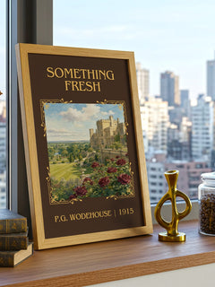 Something Fresh Classic Book Art Print by P.G. Wodehouse – framed print on a city-view windowsill