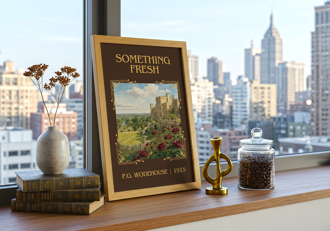 Something Fresh Classic Book Art Print by P.G. Wodehouse – framed print on a city-view windowsill