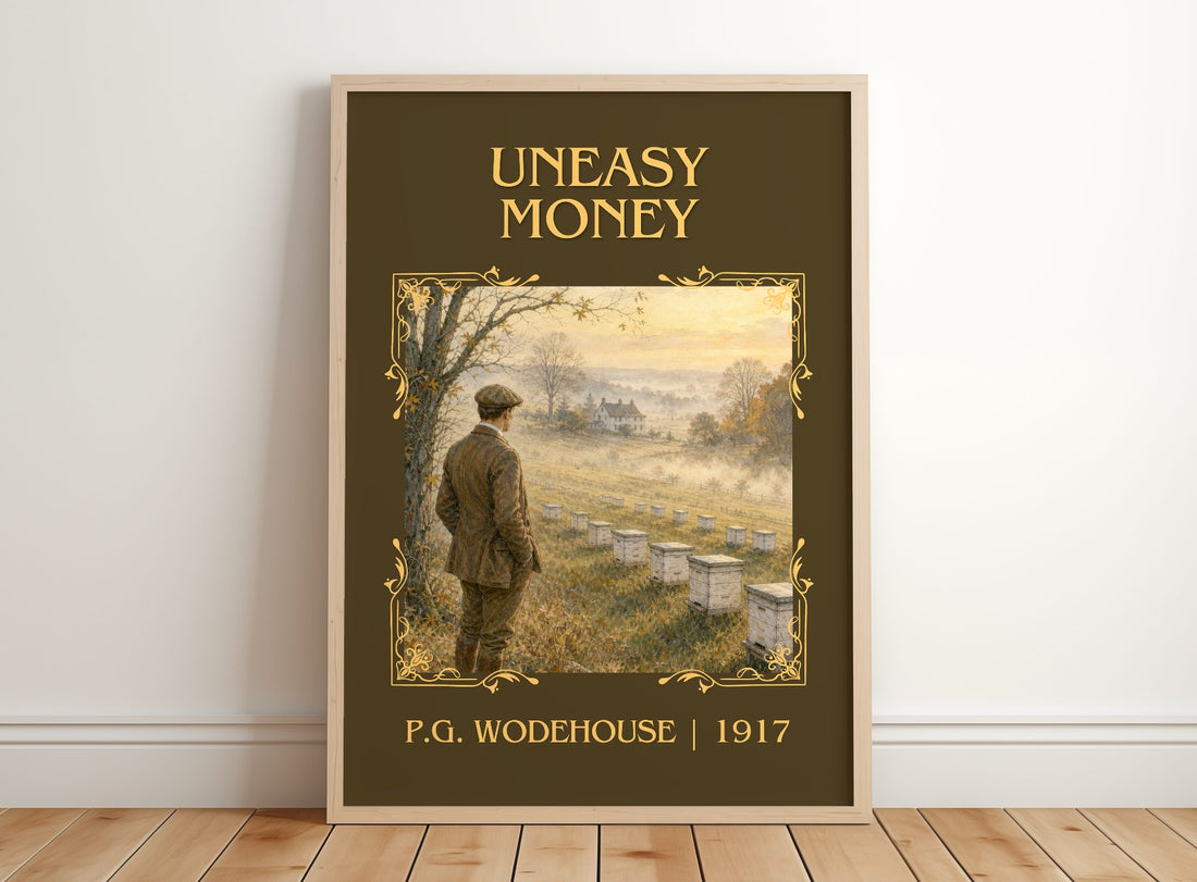 Uneasy Money Classic Book Art Print by P.G. Wodehouse – framed print leaning on a wooden floor