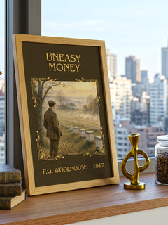 Uneasy Money Classic Book Art Print by P.G. Wodehouse – framed print on a city-view windowsill