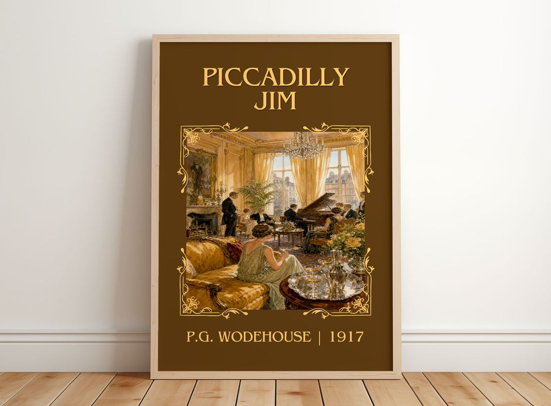 Piccadilly Jim Classic Book Art Print by P.G. Wodehouse – framed print leaning on a wooden floor
