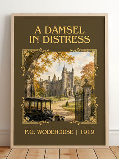 A Damsel in Distress Classic Book Art Print by P.G. Wodehouse – framed print leaning on a wooden floor