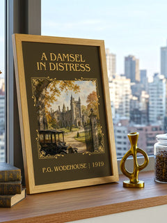 A Damsel in Distress Classic Book Art Print by P.G. Wodehouse – framed print on a city-view windowsill