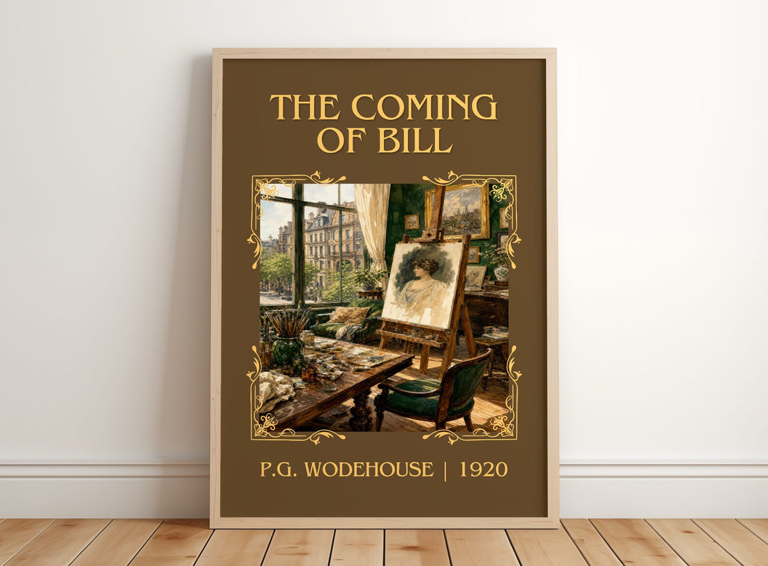 The Coming of Bill Classic Book Art Print by P.G. Wodehouse – framed print leaning on a wooden floor