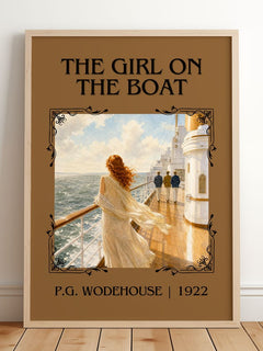 The Girl on the Boat Classic Book Art Print by P.G. Wodehouse – framed print leaning on a wooden floor