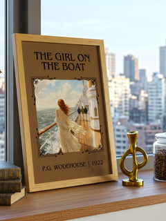 The Girl on the Boat Classic Book Art Print by P.G. Wodehouse – framed print on a city-view windowsill