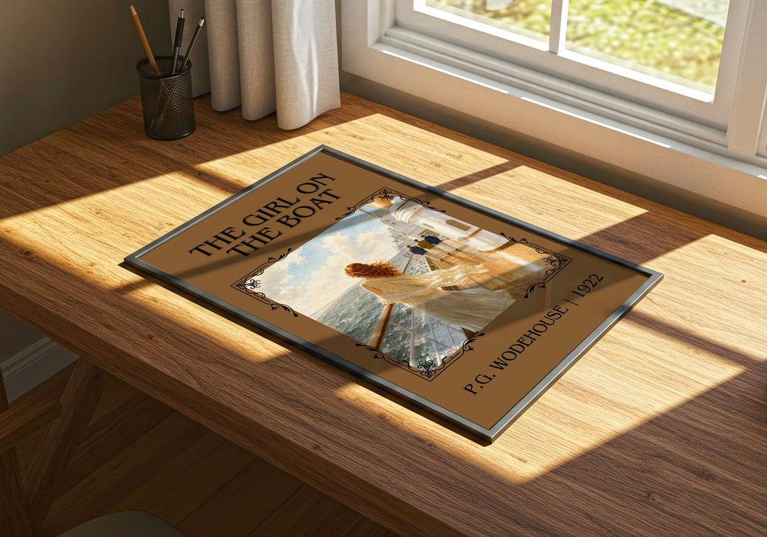 The Girl on the Boat Classic Book Art Print by P.G. Wodehouse – print on a sunlit desk