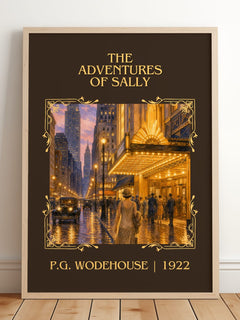 The Adventures of Sally Classic Book Art Print by P.G. Wodehouse – framed print leaning on a wooden floor