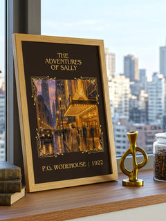 The Adventures of Sally Classic Book Art Print by P.G. Wodehouse – framed print on a city-view windowsill