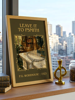 Leave It to Psmith Classic Book Art Print by P.G. Wodehouse – framed print on a city-view windowsill