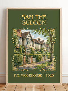 Sam the Sudden Classic Book Art Print by P.G. Wodehouse – framed print leaning on a wooden floor