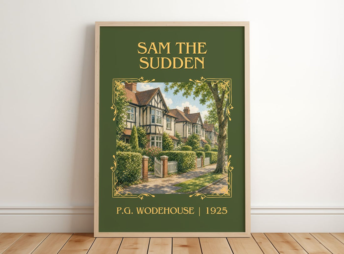 Sam the Sudden Classic Book Art Print by P.G. Wodehouse – framed print leaning on a wooden floor