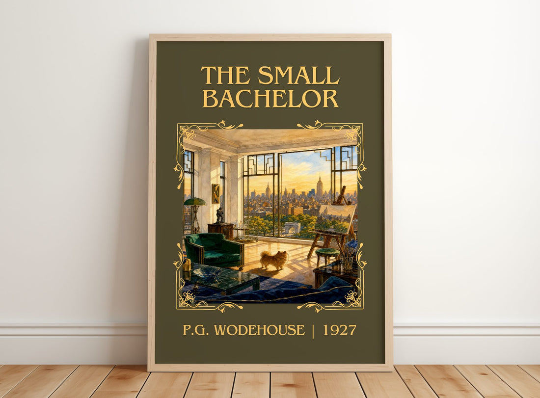 The Small Bachelor Classic Book Art Print by P.G. Wodehouse – framed print leaning on a wooden floor