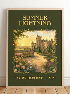 Summer Lightning Classic Book Art Print by P.G. Wodehouse – framed print leaning on a wooden floor