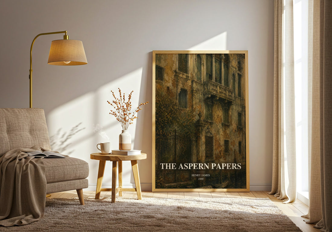 The Aspern Papers watercolour print in frame leaning in hallway – classic literature wall art (mockup)