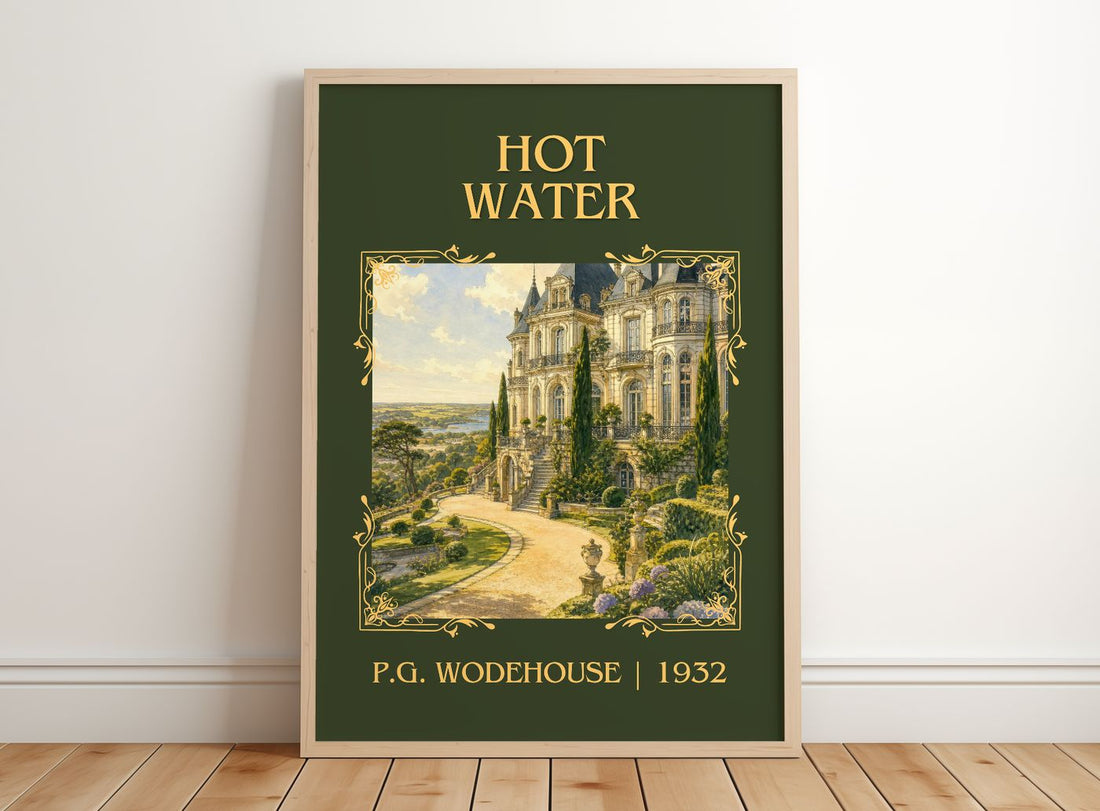 Hot Water Classic Book Art Print by P.G. Wodehouse – framed print leaning on a wooden floor
