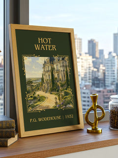 Hot Water Classic Book Art Print by P.G. Wodehouse – framed print on a city-view windowsill