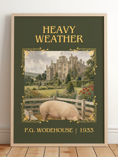 Heavy Weather Classic Book Art Print by P.G. Wodehouse – framed print leaning on a wooden floor