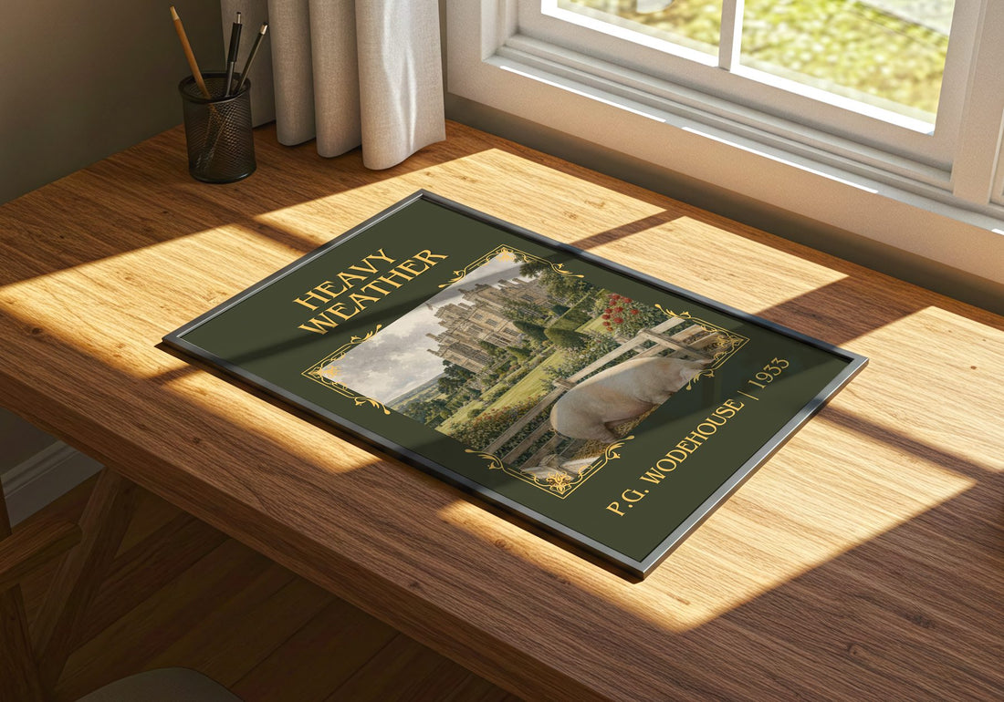 Heavy Weather Classic Book Art Print by P.G. Wodehouse – print on a sunlit desk