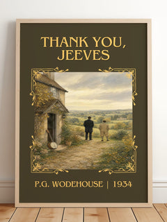 Thank You, Jeeves Classic Book Art Print by P.G. Wodehouse – framed print leaning on a wooden floor
