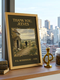 Thank You, Jeeves Classic Book Art Print by P.G. Wodehouse – framed print on a city-view windowsill