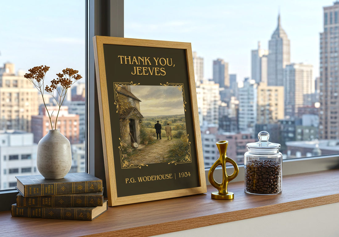 Thank You, Jeeves Classic Book Art Print by P.G. Wodehouse – framed print on a city-view windowsill
