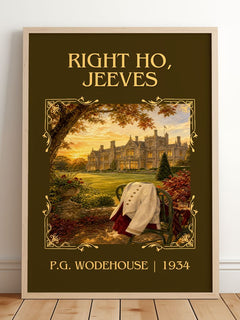 Right Ho, Jeeves Classic Book Art Print by P.G. Wodehouse – framed print leaning on a wooden floor