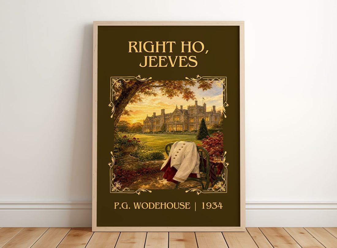 Right Ho, Jeeves Classic Book Art Print by P.G. Wodehouse – framed print leaning on a wooden floor